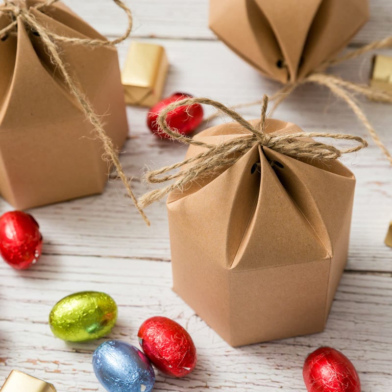Lamantery Samanter 50Pack Paper Gift Boxes Lantern Hexagon Kraft Paper Package Box with Twine Candy Chocolate Gift Packing Wrap for Wedding Party Christmas Brown - Image 5